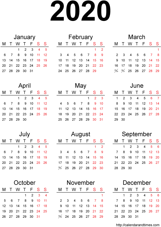 Calendar 2020 Printable One Page - 2020 Yearly Calendar Printable (595x842), Png Download