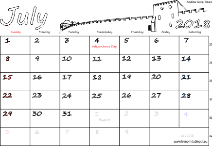 July 2018 Blank Calendar Printable - Kalendarz Lipiec 2018 (436x301), Png Download
