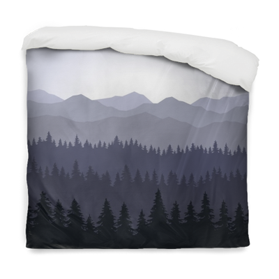 Blue Fog Coniferous Forest And Mountains Background - Duvet (400x400), Png Download