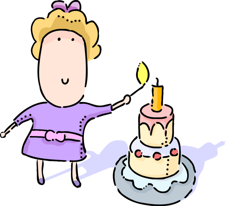 Vector Illustration Of Young Girl Lights Candle On - Birthday Cake (769x700), Png Download