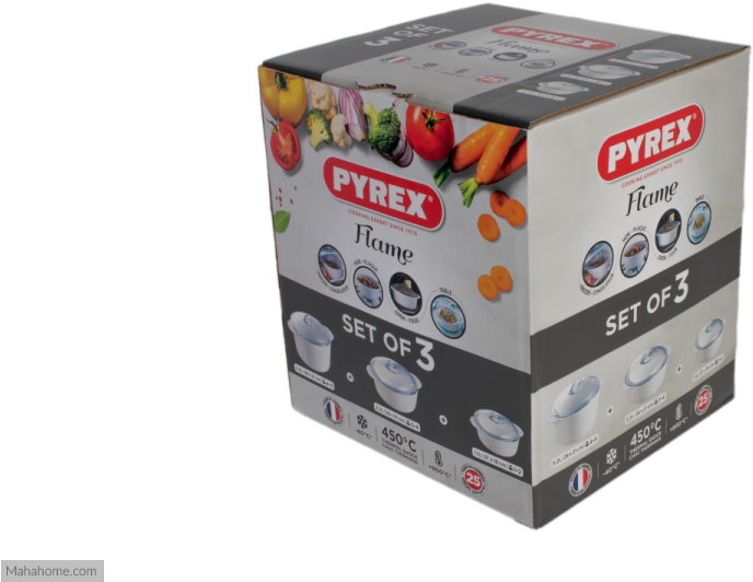 Pyrex Set Of Three Flame Vitro-ceramic Casserole Set (900x590), Png Download
