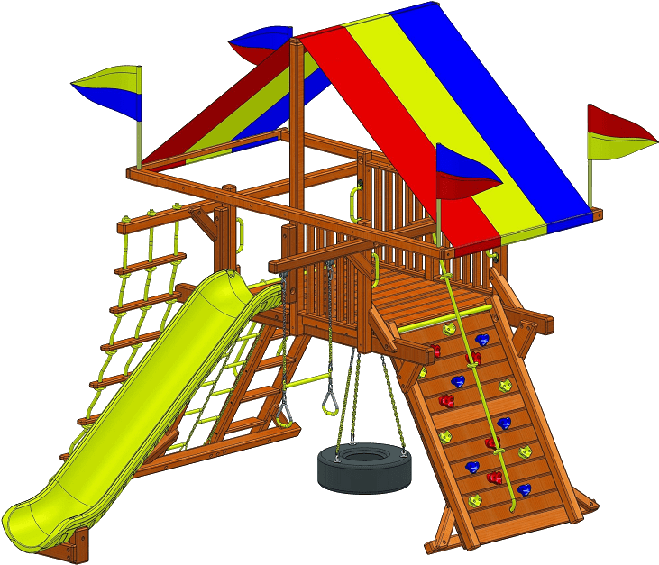 Castle Design Style * Angled Base With Tire Swing - Rainbow Playset (750x645), Png Download