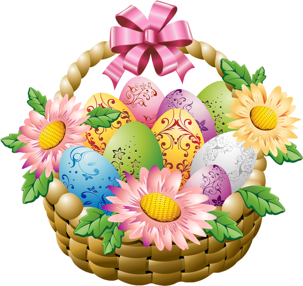 Clip Transparent Library Basket With Eggs And Png Picture - Easter Basket With Flowers (1280x1280), Png Download