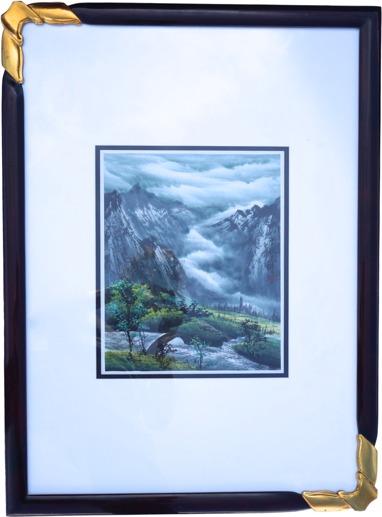 Asian Mountain Landscape Signed Watercolor - Picture Frame (2178x2177), Png Download