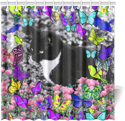 Freckles In Butterflies Ii Black White Tuxedo Cat Shower - Freckles In Butterflies Ii 60" Curtains (500x500), Png Download