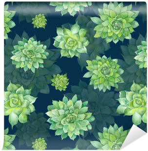Watercolor Succulent Pattern On Blue Background Wallpaper - Gallery Direct Watercolor Succulent Pattern By Kisika (400x400), Png Download