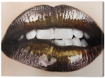 Woman Biting Her Lips With Black Glossy Lipstick Canvas - Black Woman Biting Her Lip (400x400), Png Download