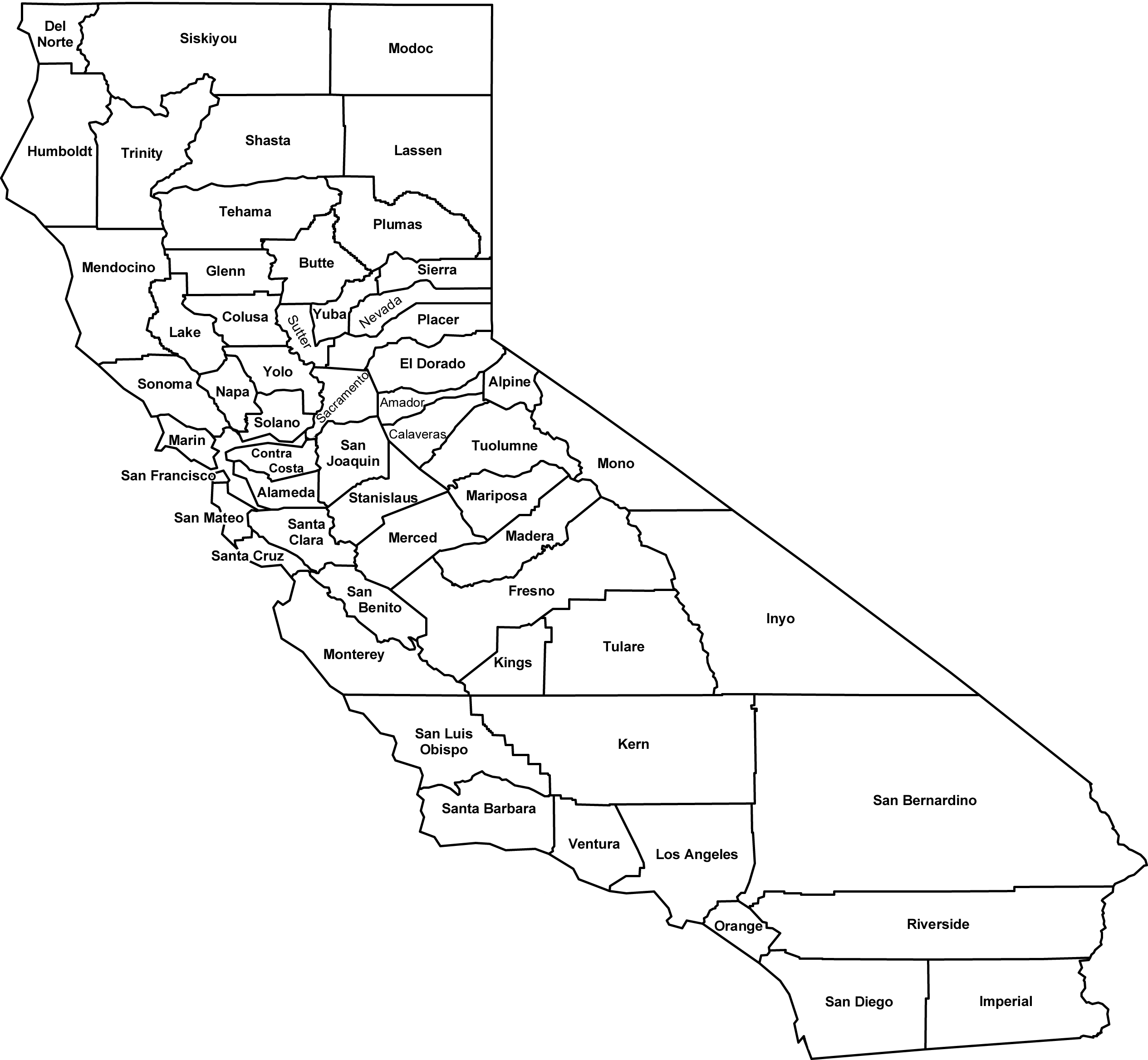 California County Map Outline With Cities Bamboodownunder - California County Map Black And White (2530x2337), Png Download