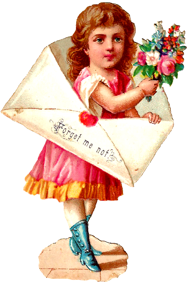 Vintage Girl Clipart - Girl Into Letter Bouquet Of Flowers Valentines Day (710x1034), Png Download