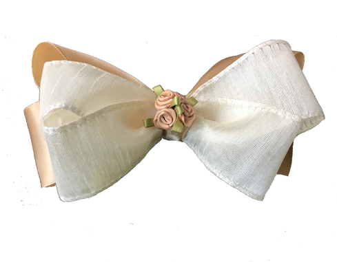 Large Gold Satin And Creme Lace Hair Bow With Golden - Satin (498x380), Png Download