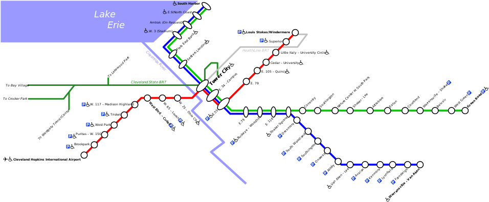 The Red, Blue And Green Lines Share Trackage From Tower - Rta Rail Map (1000x439), Png Download