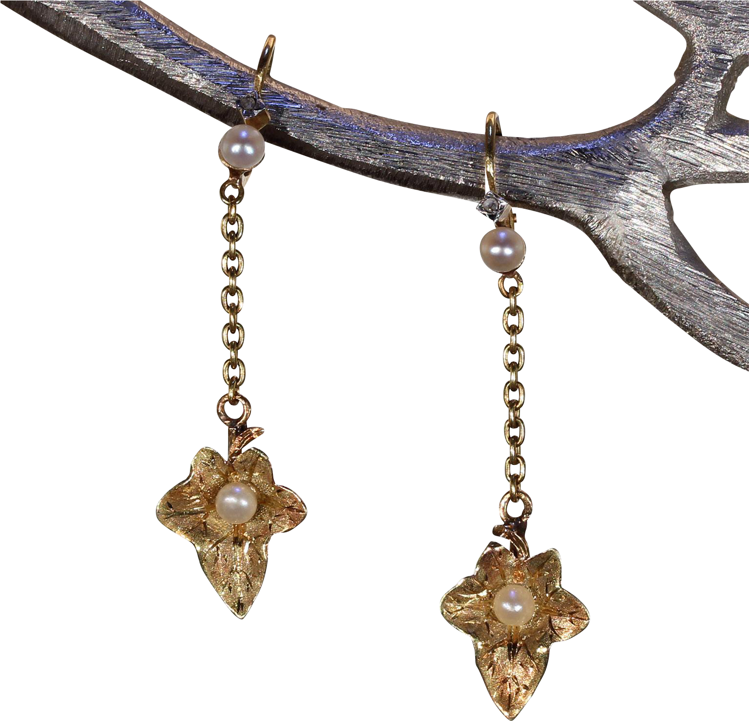 Antique French Ivy Leaf Earrings Back To Front - Earring (1536x1536), Png Download