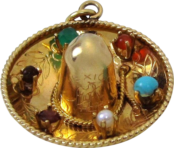 Large Vintage 14k Gold 3d Jeweled Mexican Sombrero - Locket (691x691), Png Download