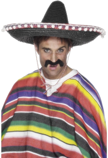Black Straw Mexican Sombrero Hat With White Bobbles - Mexican Hat And Poncho (366x580), Png Download