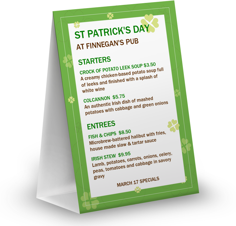 St Patricks Day Specials Table Tent - St Patricks Day Menu Starter (900x900), Png Download