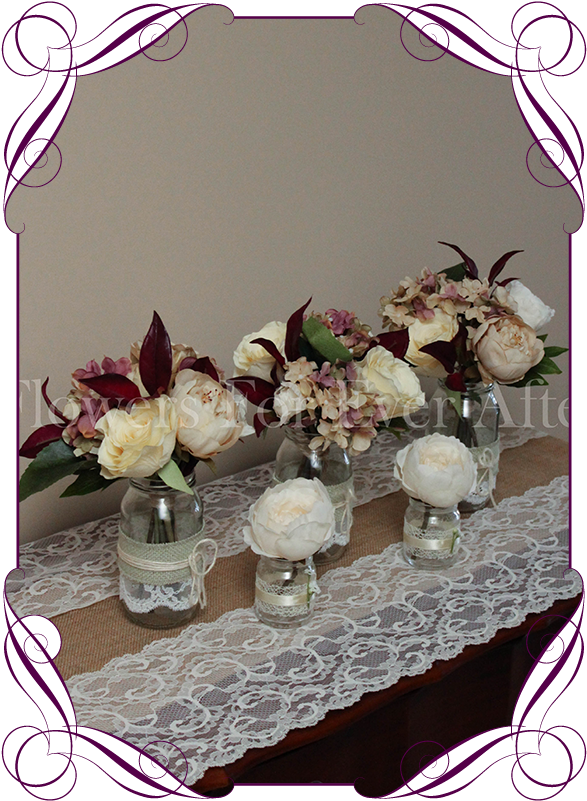 Vintage Pastel And Burgundy Rose And Hydrangea Silk - Table (608x822), Png Download