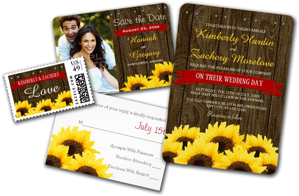 Red Rustic Sunflower Wedding Invitation - Cobalt Blue Rustic Sunflower Save The Date Card (600x394), Png Download