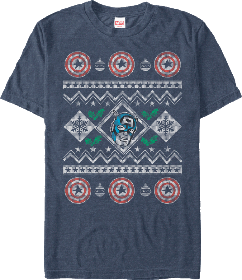 Faux Ugly Christmas Sweater Captain America T-shirt - Captain America Ugly Christmas Sweater (777x900), Png Download