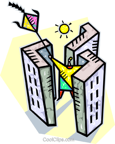 Flying A Kite Between Buildings Royalty Free Vector (382x480), Png Download