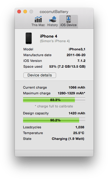 It Will Also Display Ios Version And Space Used, As - Coconut Battery Iphone (371x601), Png Download