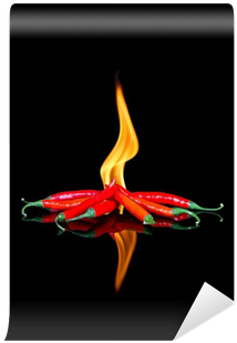 Red Chilli On Black Surface With Flames Wall Mural - Emblem (400x400), Png Download