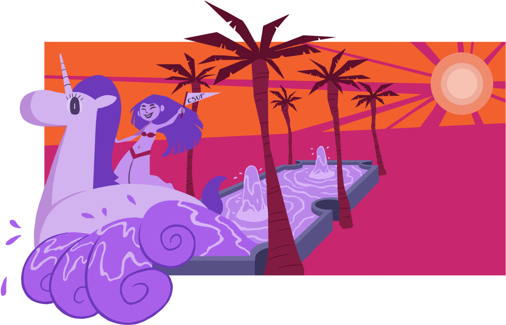 A Girl Riding A Unicorn Floatie Rides A Wave Coming - Fountain (2048x1255), Png Download