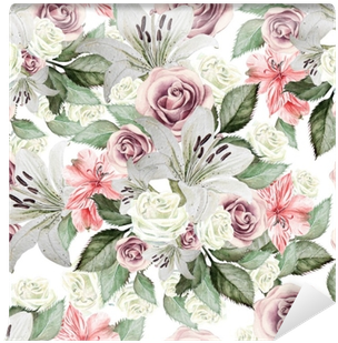 Bright Watercolor Seamless Pattern With Flowers Lilies, - Watercolor Painting (400x400), Png Download