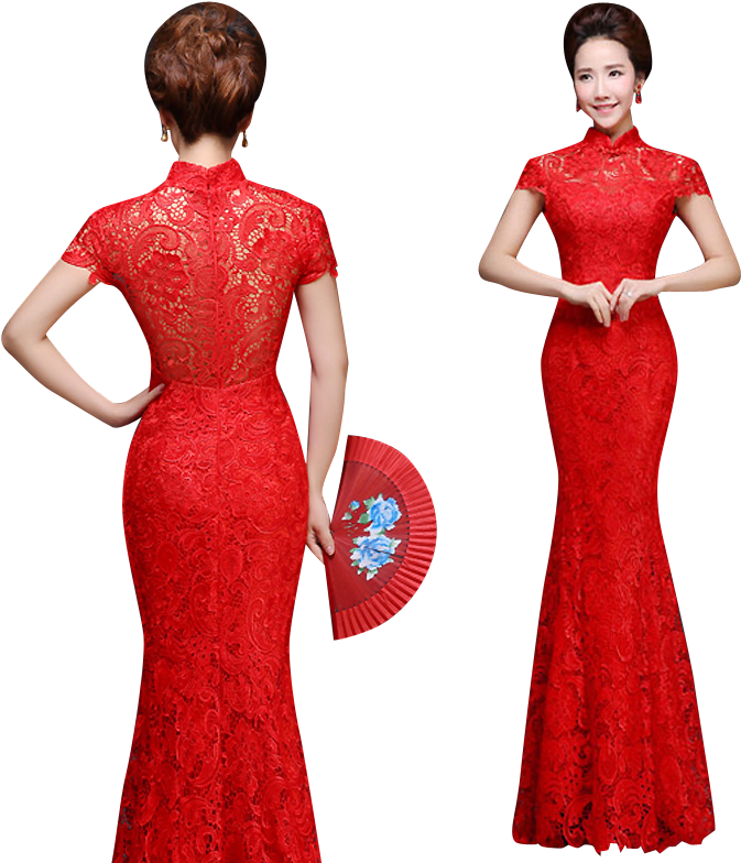 Bsjy-16278 Red Lace Mandarin Collar Mermaid Qipao Traditional - Dress (800x800), Png Download