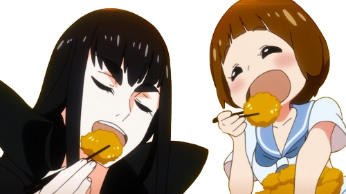 Ryuko Matoi Screencaps - Weiss Schwarz Mako Eating Croquettes Klk S27-e010 U (500x281), Png Download