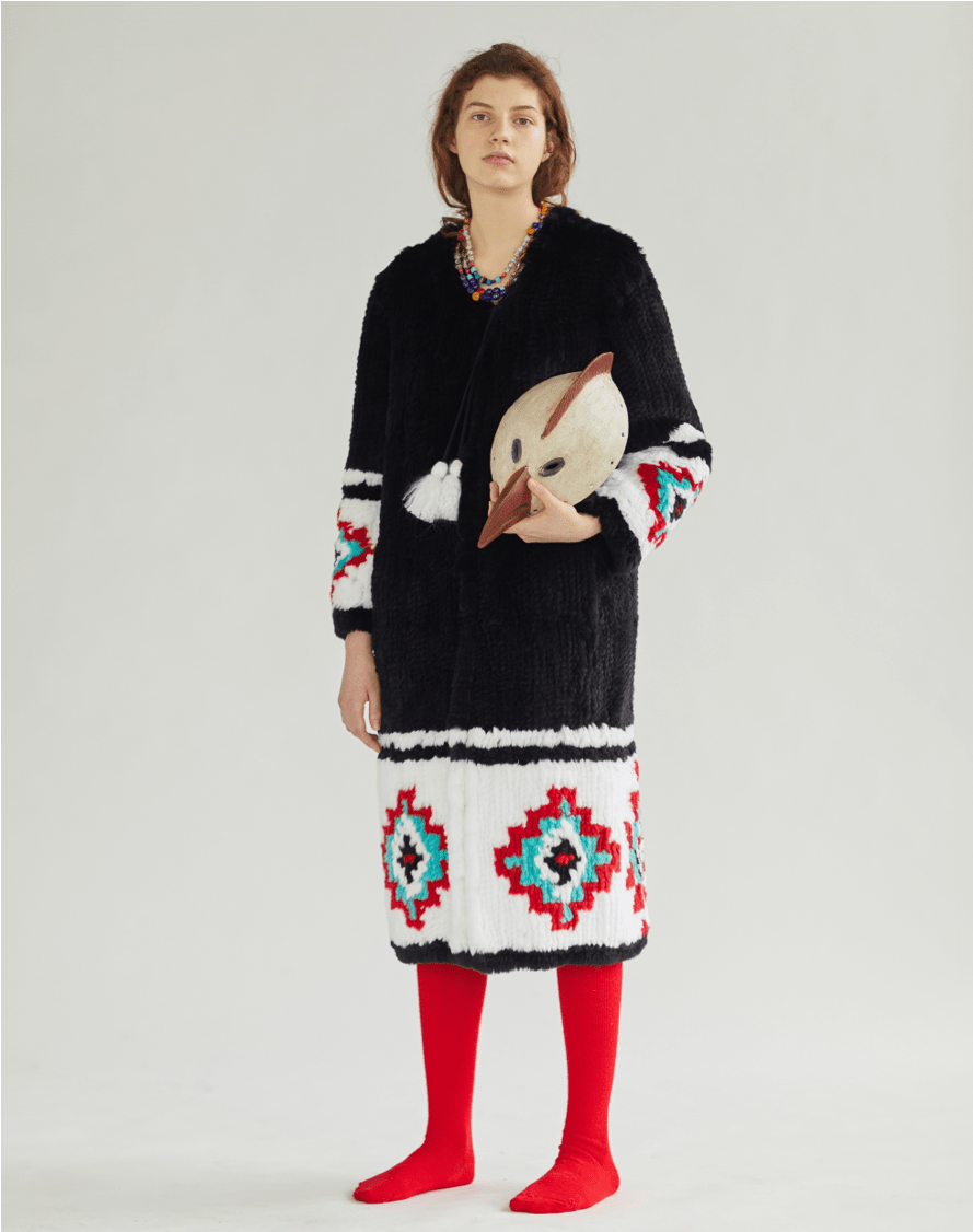 Knitted Rex Fur Coat With White Ornament - Fur (1120x1125), Png Download