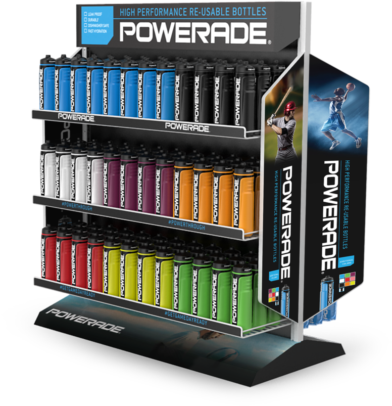 2016 03 14 Powerade Floor Display Shelf Side 002 R4 - Powerade Mixer Bottle Charcoal/blue 28 Oz (1000x849), Png Download