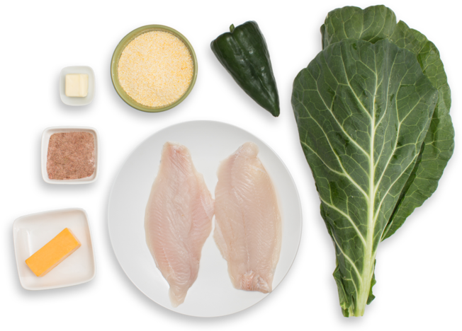 Spiced Catfish & Poblano-cheddar Gritswith Stewed Collard - Stew (700x477), Png Download