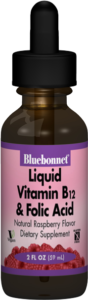Bluebonnet Liquid Vitamin B 12 & Folic Acid Raspberry - Bluebonnet Nutrition - Liquid Vitamin B12 & Folic (650x650), Png Download