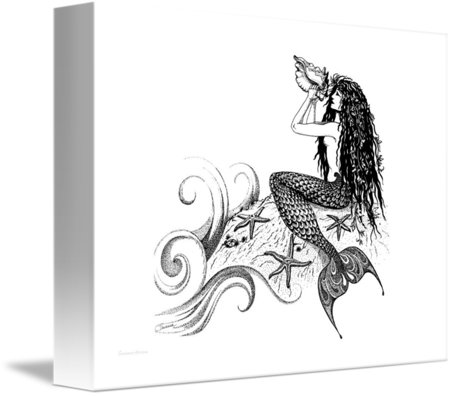 Clip Art Library Stock Mermaid Blowing A Conch - Mermaid Drawing (650x570), Png Download