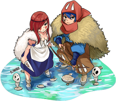 Jellal And Erza Cosplaying As Ashitaka And San From - Studio Ghibli Fairy Tail (400x371), Png Download