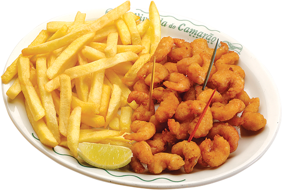 Porção De Camarão Empanado Com Batata Frita - Batata Frita Com Camarao (612x407), Png Download