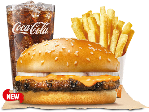 Cheesy Beef Meal - Burger Fries And Coke (500x540), Png Download