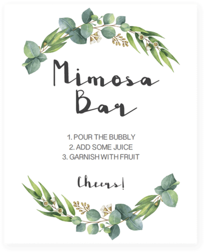 Mimosa Bar Sign Printable With Watercolor Green Leaves - Greenery Baby Shower Invitation (480x600), Png Download