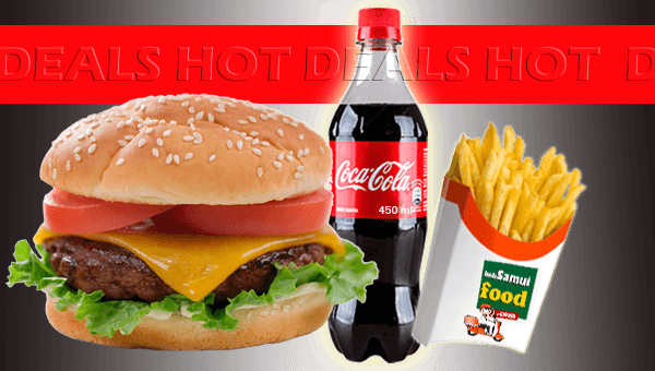 Cheese Burger With Fries And Coca Cola (450ml) - Coca Cola With Burger (600x340), Png Download