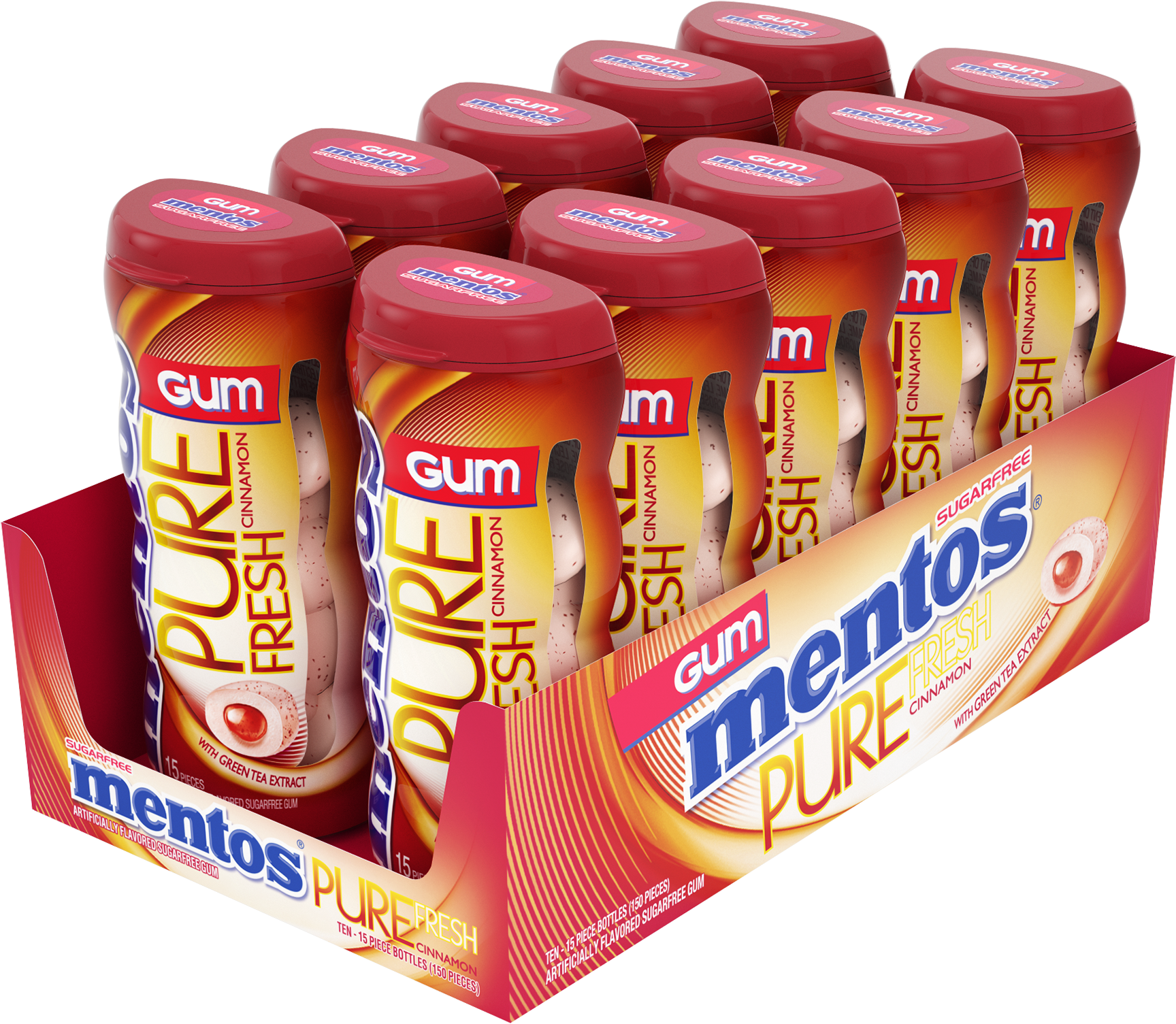 Mentos Pure Fresh Gum Cinnamon 15 Piece Pocket Bottle (1800x1577), Png Download