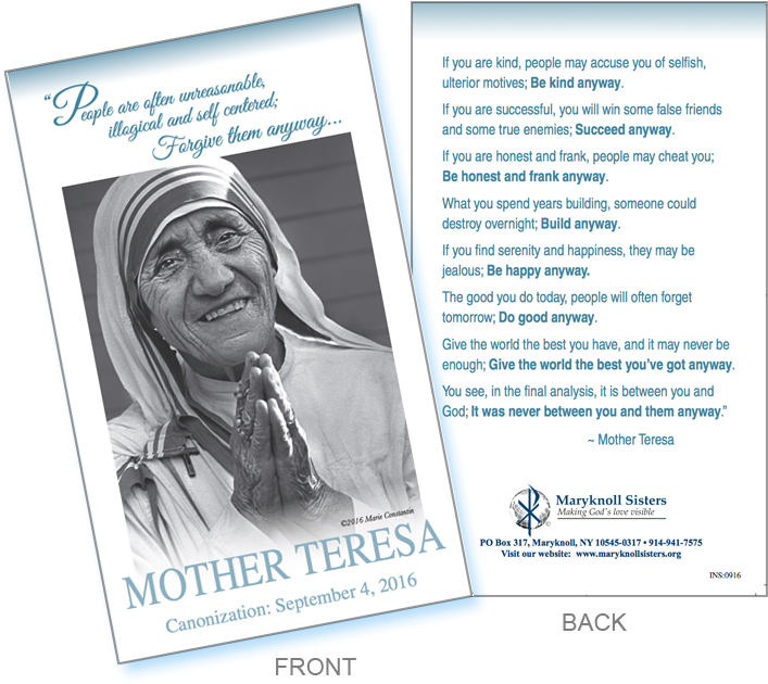 Celebrate Mother Teresa's Sainthood With The Maryknoll - Maryknoll Sisters Of St. Dominic (800x692), Png Download