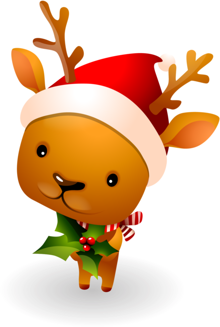 Cute Image Of A Christmas Reindeer In Santa Hat And (476x700), Png Download
