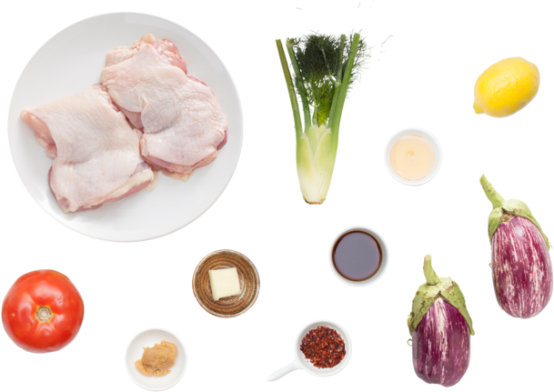 Pan-seared Chicken Thighs With Roasted Baby Zebra Eggplants - Chicken Thighs (700x477), Png Download