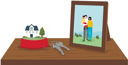 A Snow Globe, Keys And Framed Picture Of A Family - Cartoon (615x220), Png Download