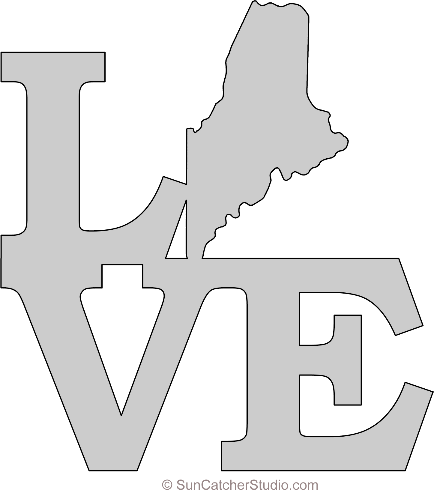 Maine Love Map Outline Scroll Saw Pattern Shape State - Stencil (1500x1663), Png Download