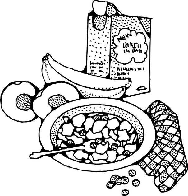 Breakfast With Cereal Clip Art - Breakfast Clipart Black And White (576x600), Png Download