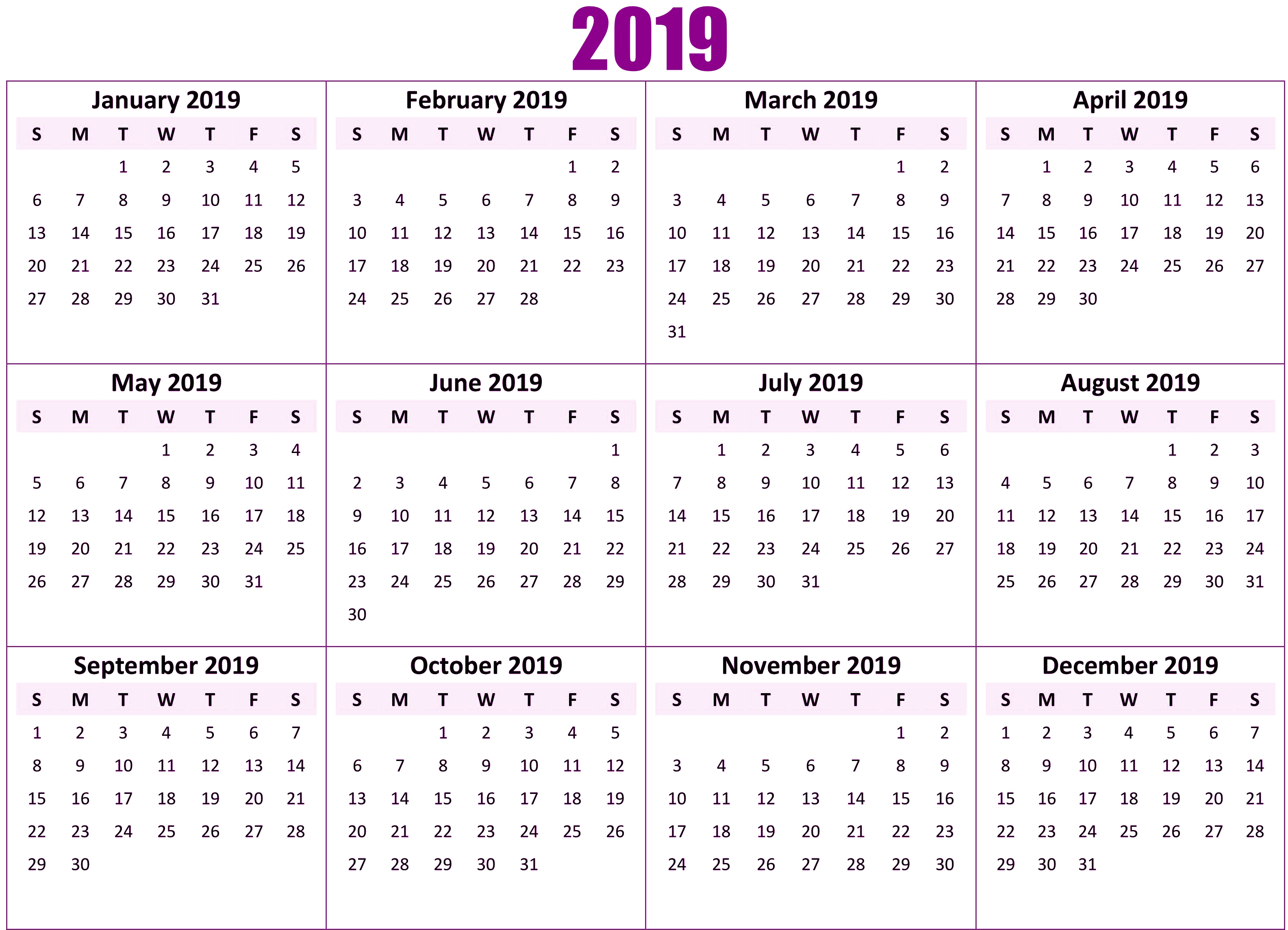 Year Printable Calendar 2019 (3300x2550), Png Download