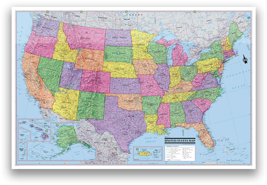 Usa Map Png Download - United States Wall Map Poster 36x24 Rolled Laminated (1000x1000), Png Download