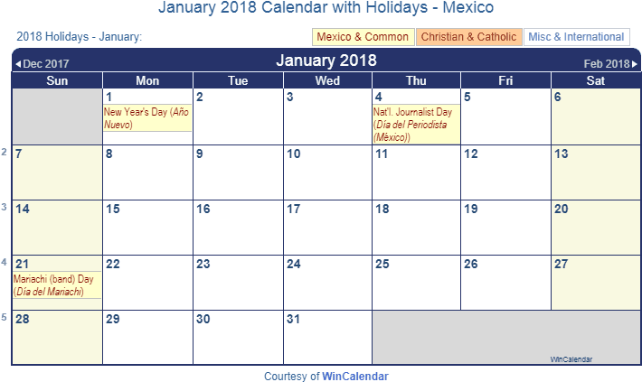 January 2018 Calendar With Mexican Holidays To Print - Jan 2019 Calendar Uk (720x435), Png Download