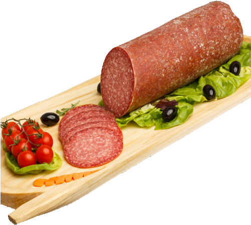 Beef Salami On A Cutting Board With Olives And Tomatos - Salami (500x500), Png Download